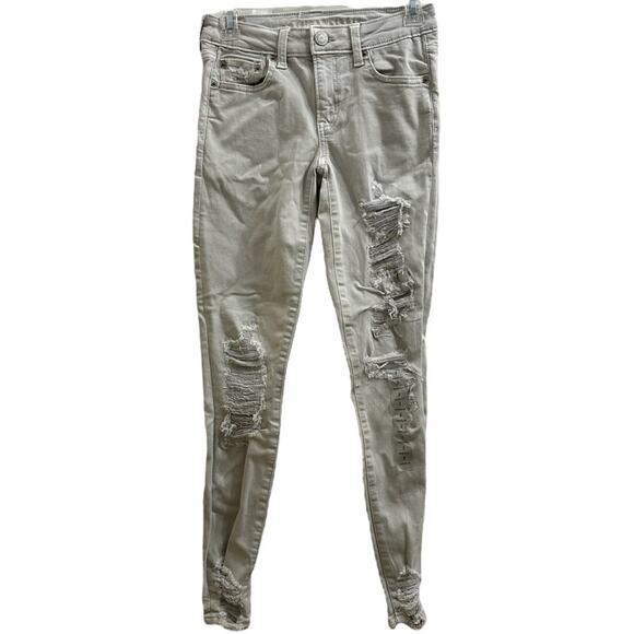 American Eagle Heavily Distressed Super Stretch Jeans Gray/Beige Sz 2 XS NWOT - Picture 1 of 9